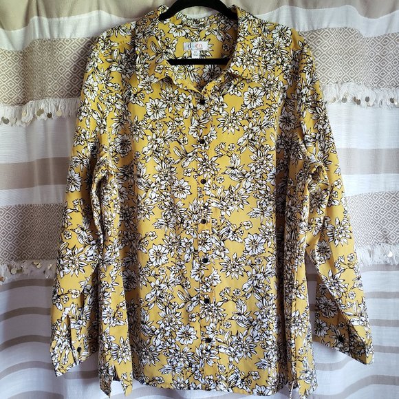 Denim & Co. | Woven Mustard Floral Button Blouse - Picture 1 of 7